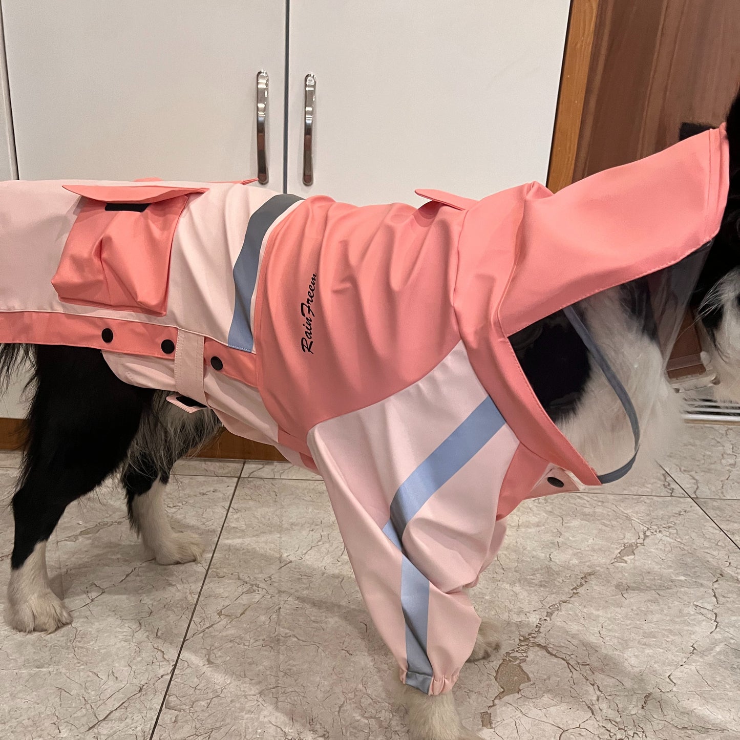 Waterproof Large Dog Raincoat – Pink PU Fabric with Transparent Hood, Reflective Strips - Adjustable Fit for Medium - Large Breeds