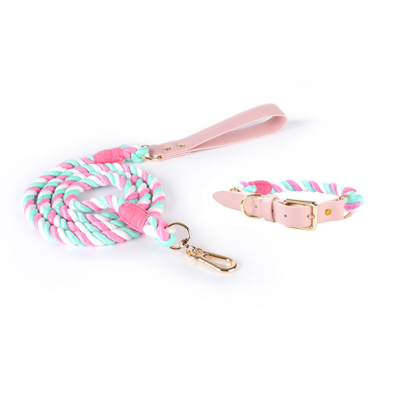 Hand-woven colorful pet dog leash set leather dog collar supplies