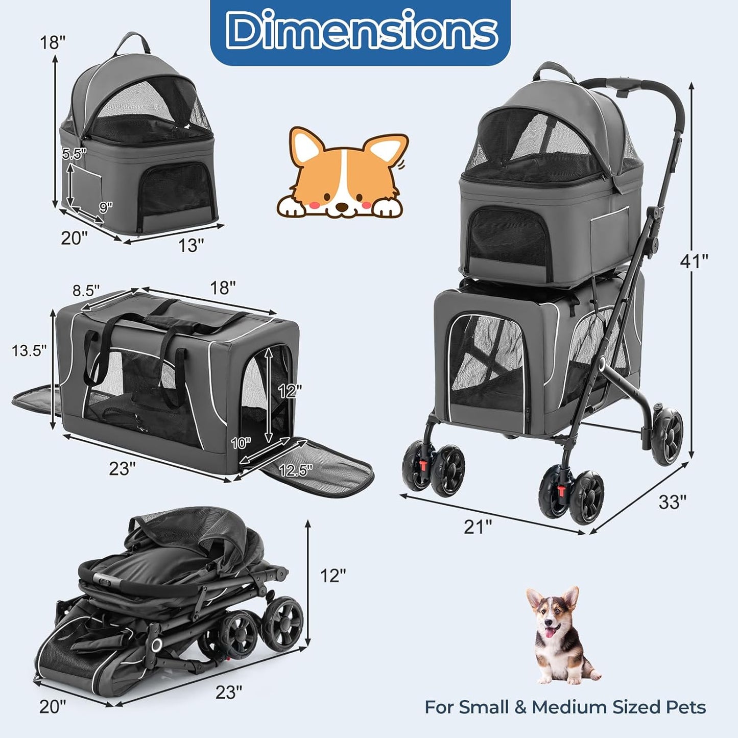 Haustier-Buggy - 2 Haustiere, faltbar, geeignet für kleine und mittelgroße Hunde