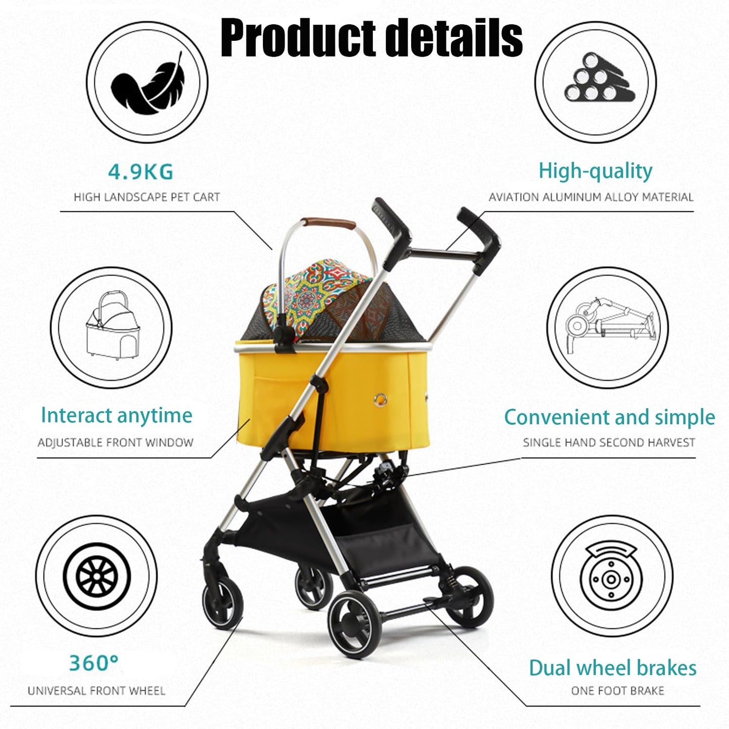 Portable foldable pet stroller with adjustable handle height