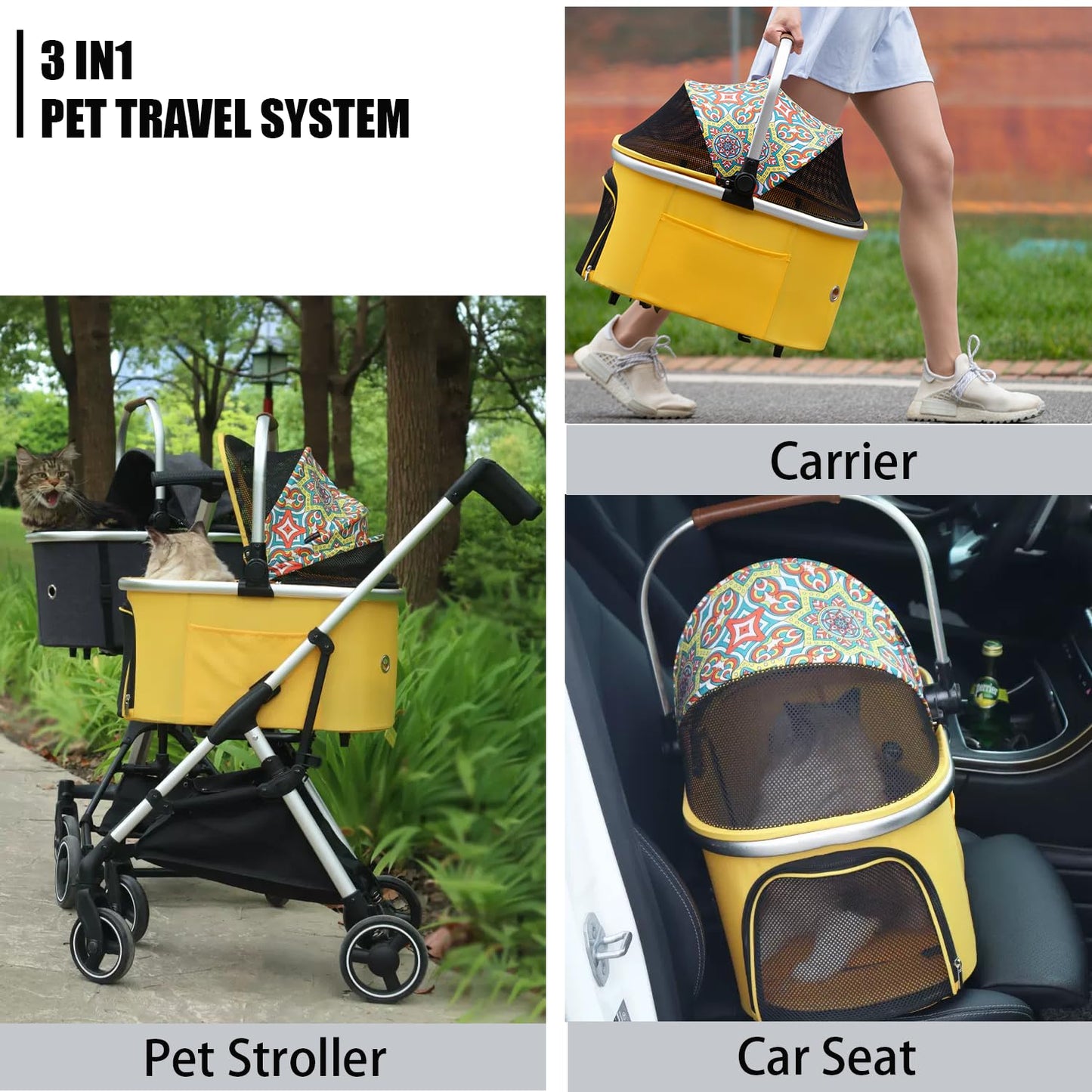 Portable foldable pet stroller with adjustable handle height