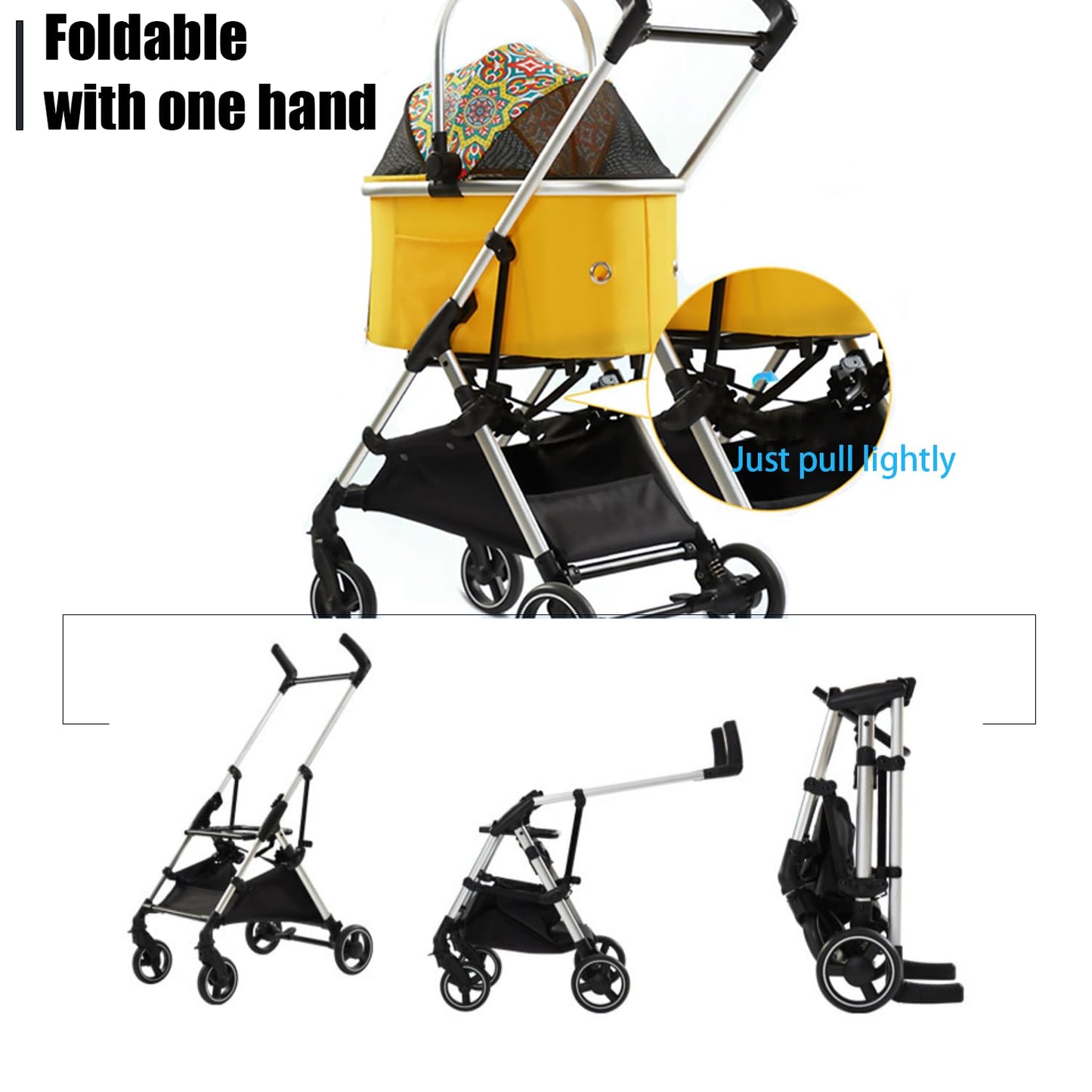 Portable foldable pet stroller with adjustable handle height