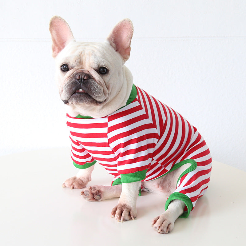 Pyjama rayé de Noël pour chien à quatre pattes adapté aux petits chiens 