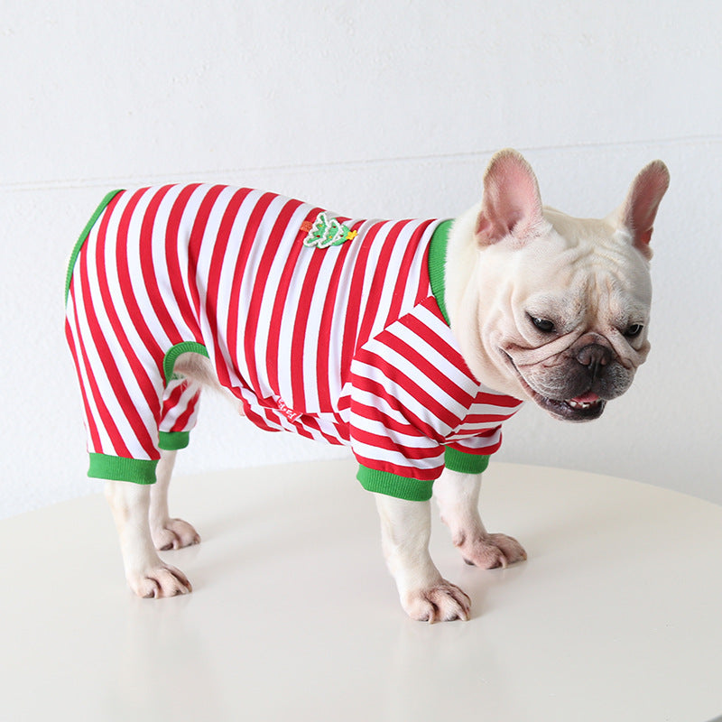 Pyjama rayé de Noël pour chien à quatre pattes adapté aux petits chiens 