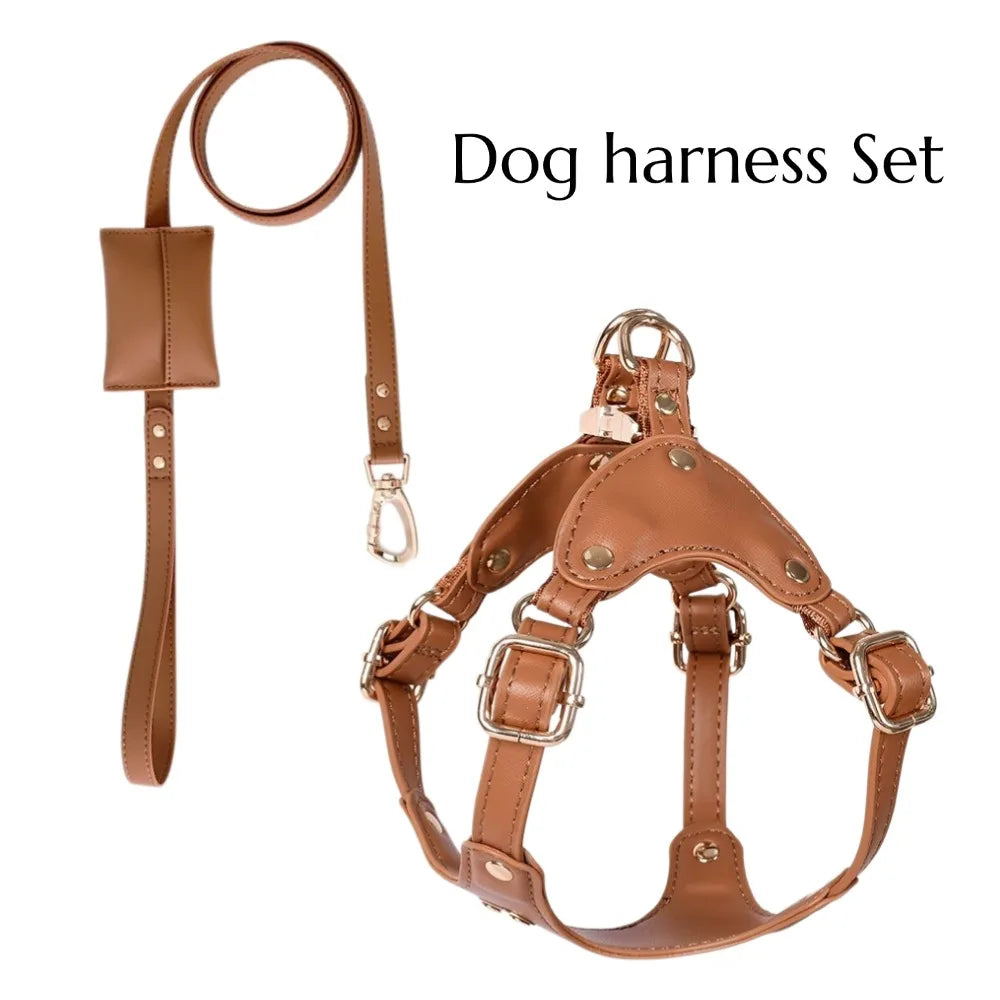 Leather Dog Harness and Leather Set - Waterproof, anti slip, adjustable, yelllow S-L for small and medium-sized dogs