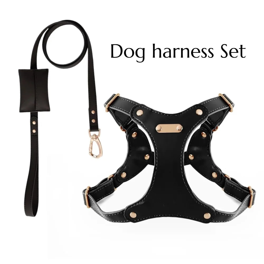 Leather Dog Harness and Leather Set - Waterproof, anti slip, adjustable, yelllow S-L for small and medium-sized dogs