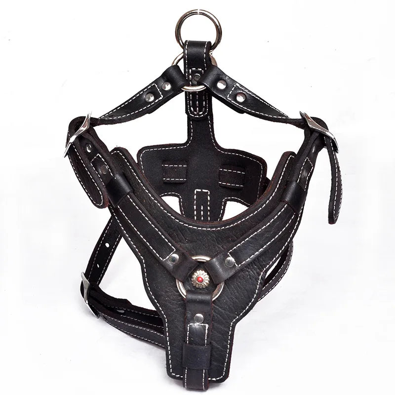 Natural cowhide leather dog harness adjustable pet chest and shoulder strap, top layer cowhide large medium-sized dogs