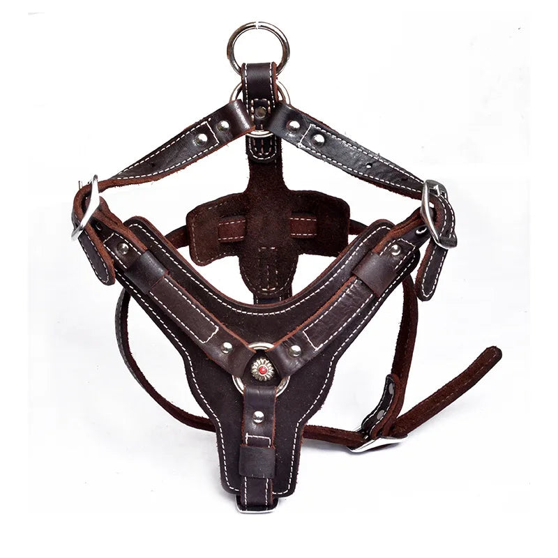 Natural cowhide leather dog harness adjustable pet chest and shoulder strap, top layer cowhide large medium-sized dogs