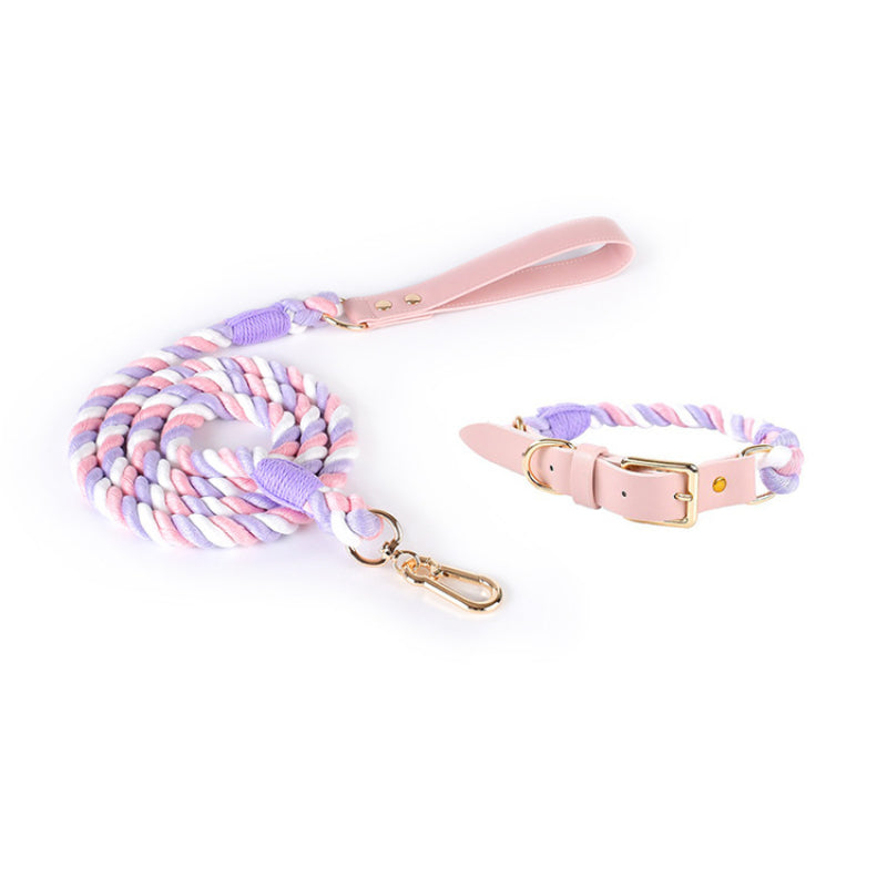 Hand-woven colorful pet dog leash set leather dog collar supplies