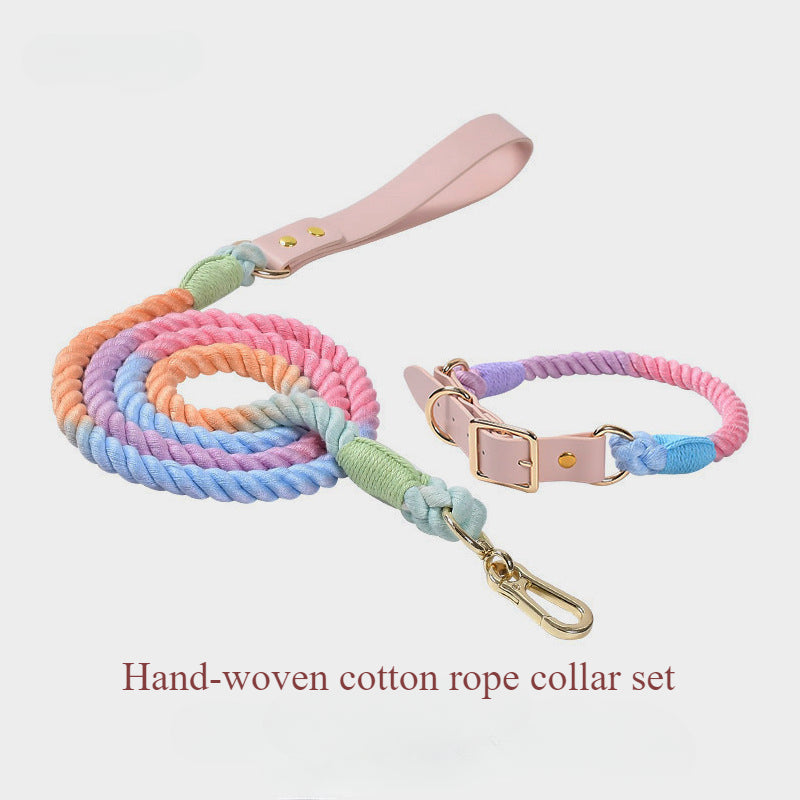 Hand-woven colorful pet dog leash set leather dog collar supplies